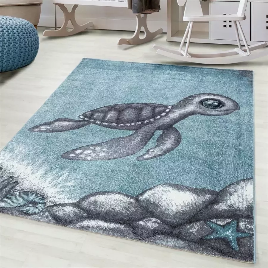 Flycarpets KIDS KINDERKAMER BLAUW GRIJS VLOERKLEED Schildpad