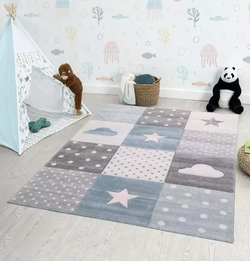 Flycarpets Kids Blauw Grijs Kindervloerkleed Sterren en Wolken Vloerkleed Kinderkamer Babykamer Speelmat Speelkleed 120x170 cm