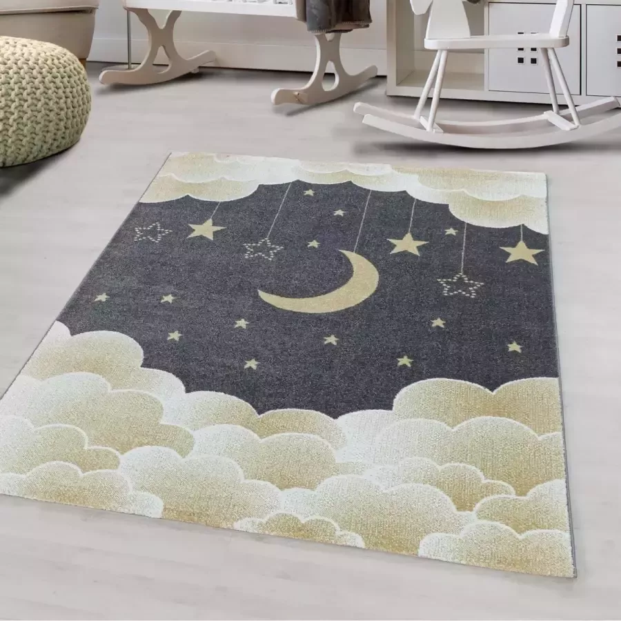 Flycarpets KIDS KINDERKAMER GRIJS GEEL VLOERKLEED MAAN EN STER