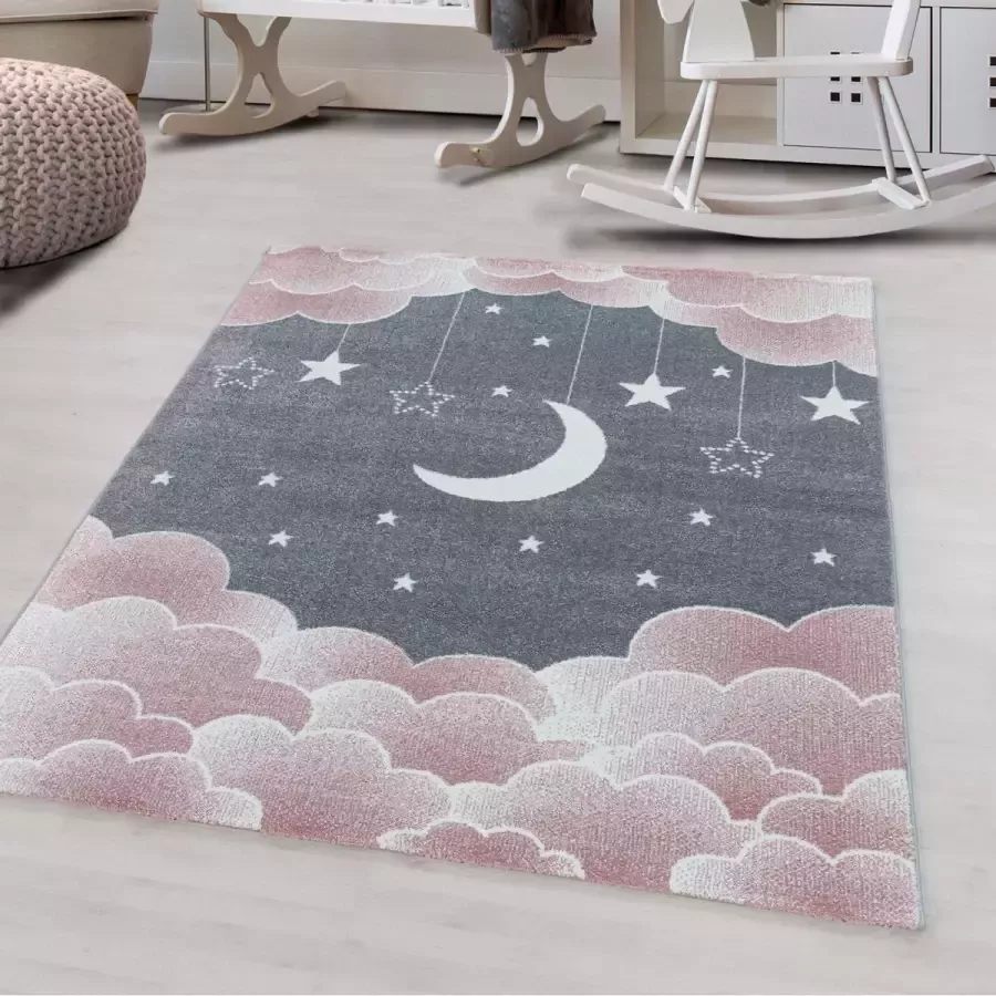 Flycarpets KIDS KINDERKAMER GRIJS ROZE VLOERKLEED MAAN EN STER