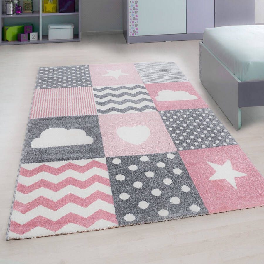 Flycarpets Kids Kinderkamer Hart En Ster Roze Vloerkleed 160x230 cm