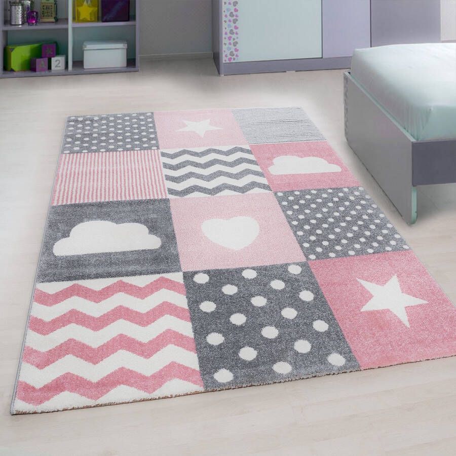 Flycarpets Kids Kinderkamer Hart En Ster Roze Vloerkleed 200x290 cm