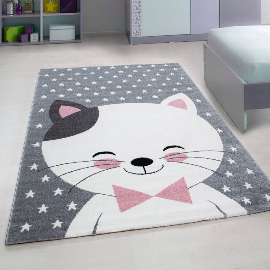 Flycarpets Kids Kinderkamer Kat Roze Vloerkleed 140x200 cm