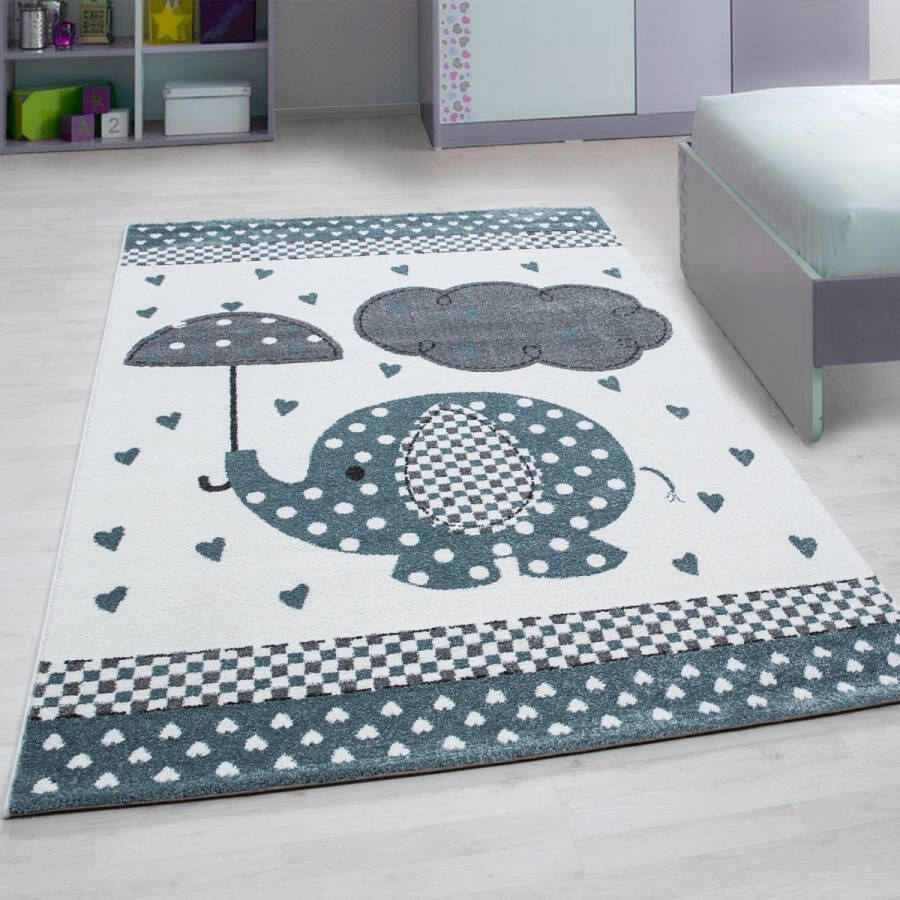 Flycarpets Kids Kinderkamer Olifant Blauw Vloerkleed 200x290 cm