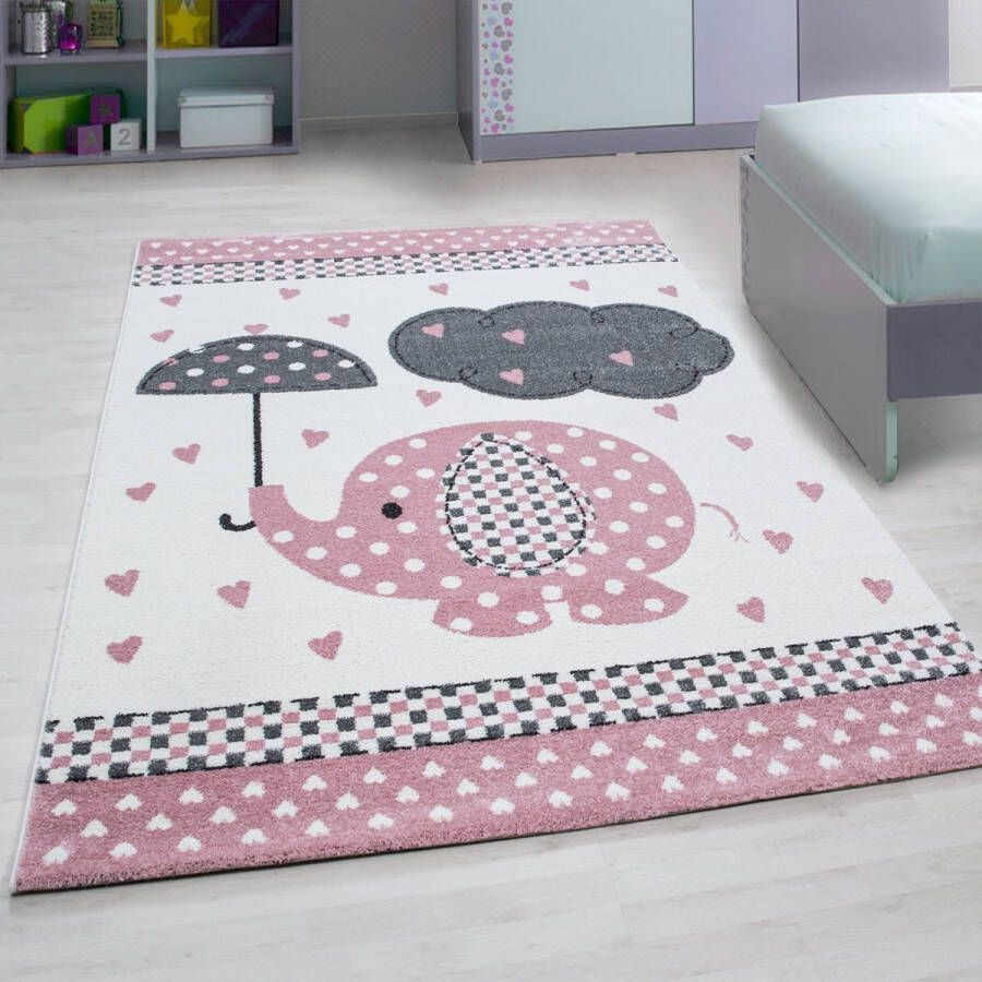 Flycarpets Kids Kinderkamer Olifant Roze Vloerkleed 120x170 cm