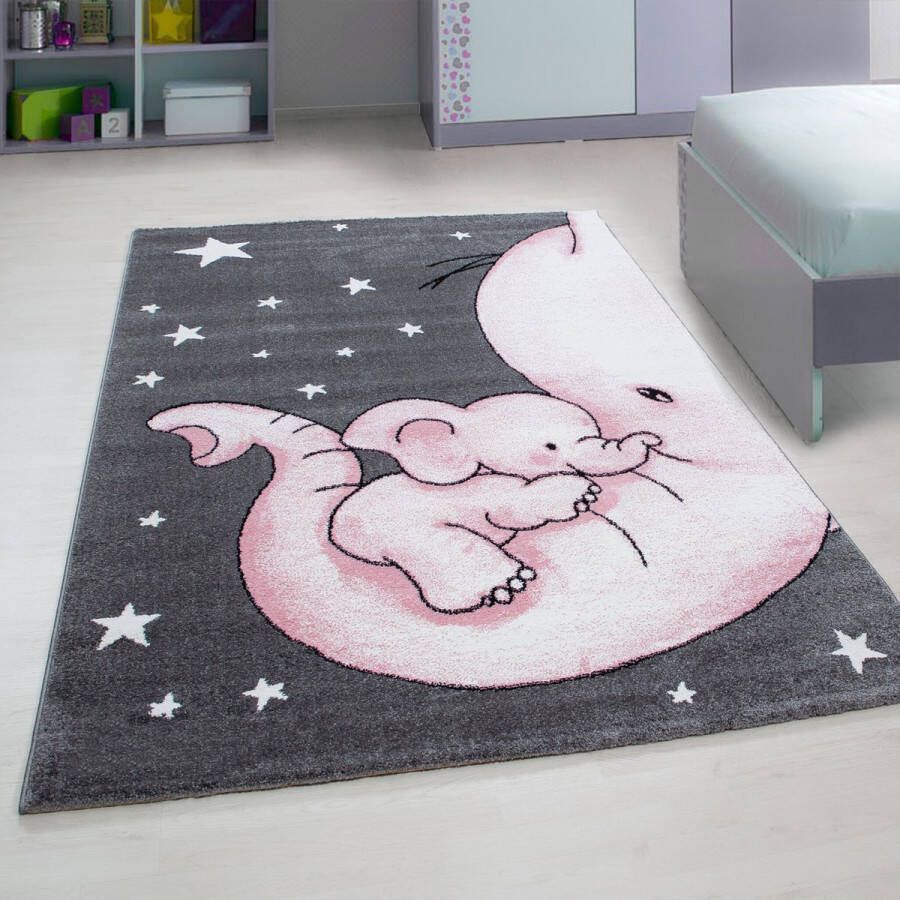 Flycarpets Kids Kinderkamer Olifant Roze Vloerkleed 200x290 cm