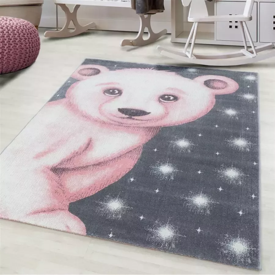 Flycarpets KIDS KINDERKAMER ROZE GRIJS VLOERKLEED BEER