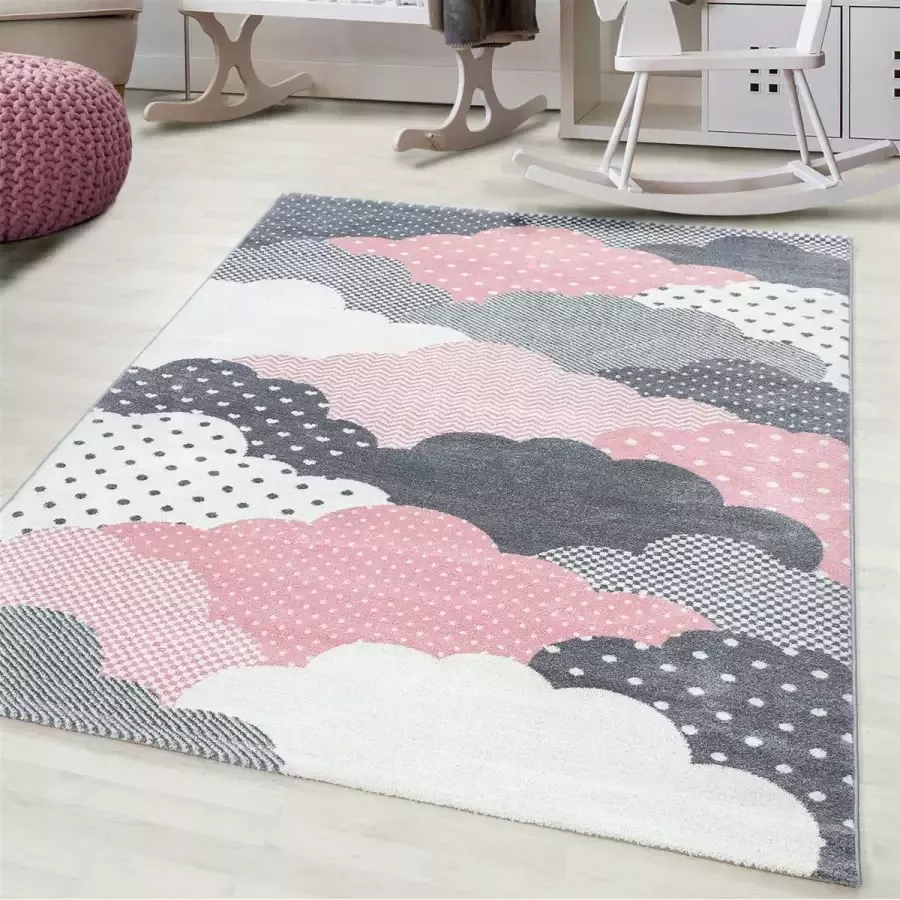 Flycarpets Kids Wolken Vloerkleed Kinderkamer Roze Grijs Kindervloerkleed Babykamer 160x230 cm