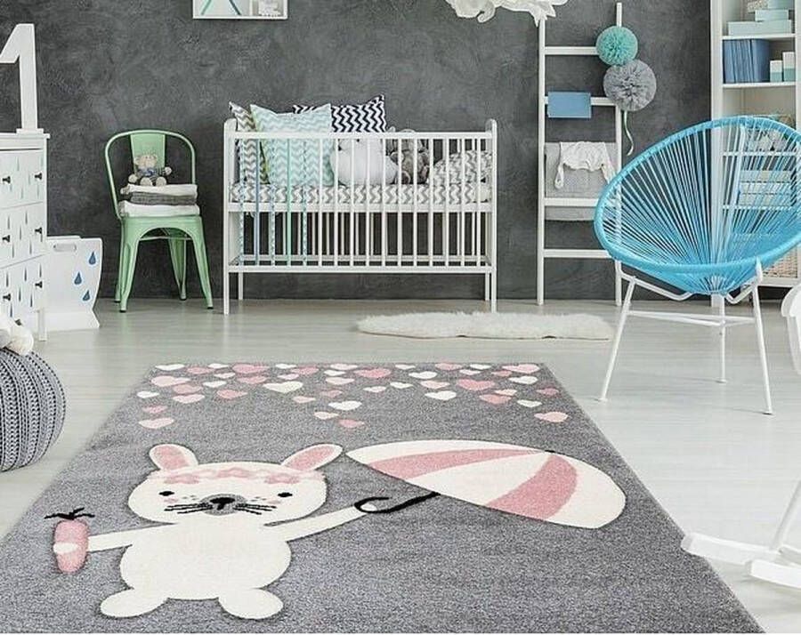 flycarpets KIDS KONIJN GRIJS ROZE VLOERKLEED