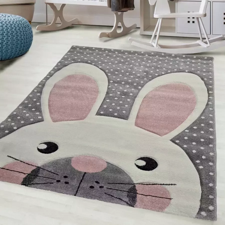 FlyCarpets Kids Konijn Grijs Roze Vloerkleed Kinderkamer