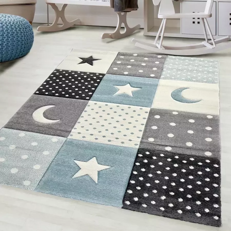 Flycarpets Kids Blauw Grijs Kindervloerkleed Maan en Sterren Vloerkleed Kinderkamer Babykamer Speelmat Speelkleed 120x170 cm