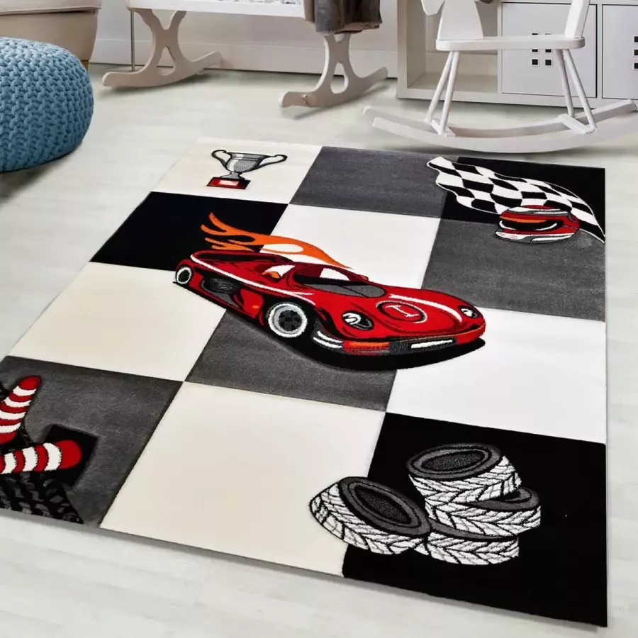 Flycarpets Kids Raceauto Vloerkleed Kinderkamer Zwart Wit Speelkleed Laagpolig 120x170 cm