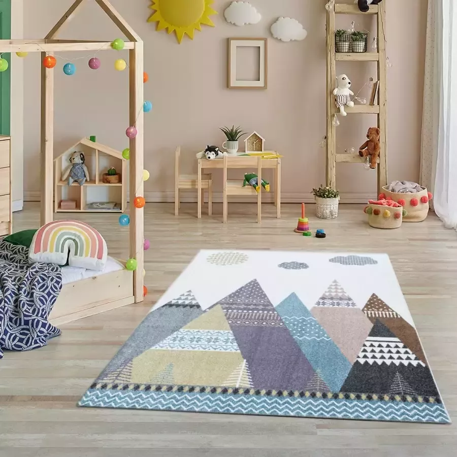 Flycarpets Kids Vloerkleed Kinderkamer Bergen Speelkleed Speelmat Laagpolig Crème Multi 160x230 cm