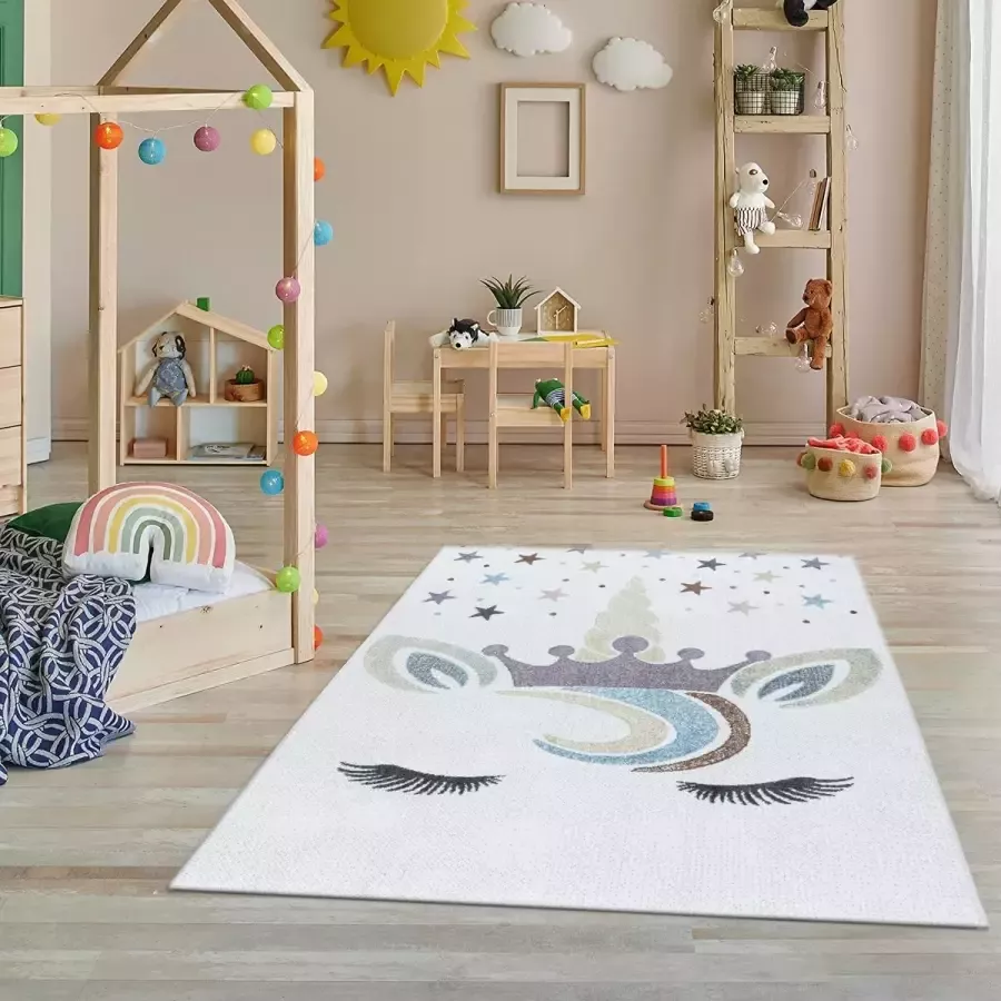 Flycarpets Kids Vloerkleed Kinderkamer Eenhoorn Speelkleed Speelmat Laagpolig Crème Multi 200x290 cm