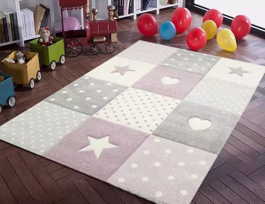 Flycarpets Kids Sterren En Hartjes Kinderkamer Paars Vloerkleed 120 X 170 Cm