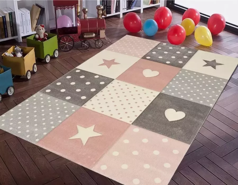 Flycarpets Kids Sterren En Hartjes Kinderkamer Roze Vloerkleed 120 X 170 Cm