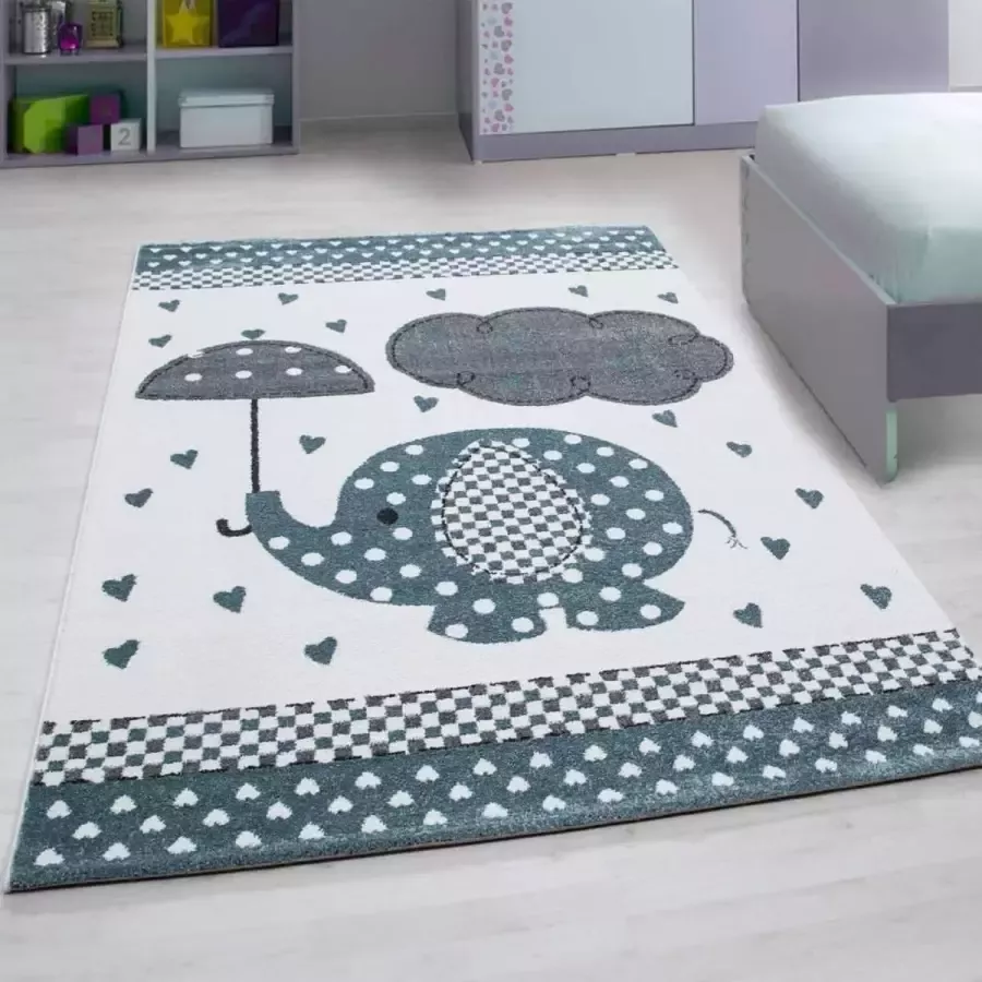 Flycarpets Kids vloerkleed Blauw 120 X 170 CM Kinderkamer Olifant