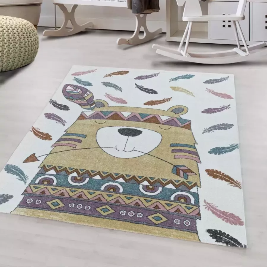 Flycarpets Kids Vloerkleed Kinderkamer Beer Multi Geel Speelkleed 140x200 cm