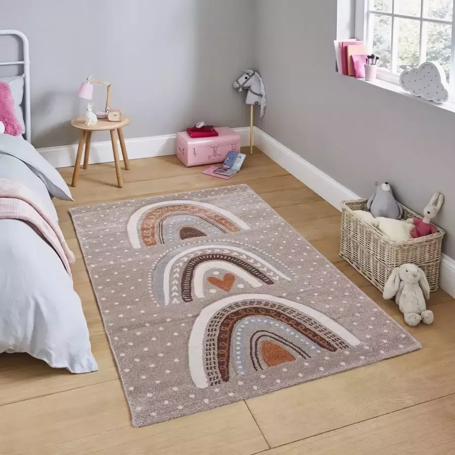 Flycarpets Kids Vloerkleed Kinderkamer Beige Regenboog Speelkleed 120x170 cm