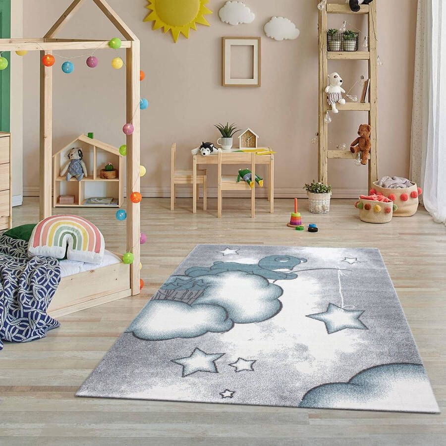 Flycarpets Kids Vloerkleed Kinderkamer Blauw Beertje Speelkleed Speelmat Laagpolig 120x170 cm