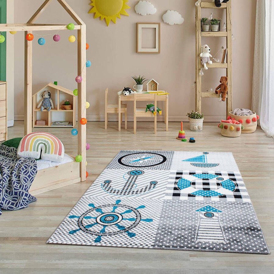 Flycarpets Kids Vloerkleed Kinderkamer Blauw Laagpolig Speelmat Speelkleed 160x230 cm
