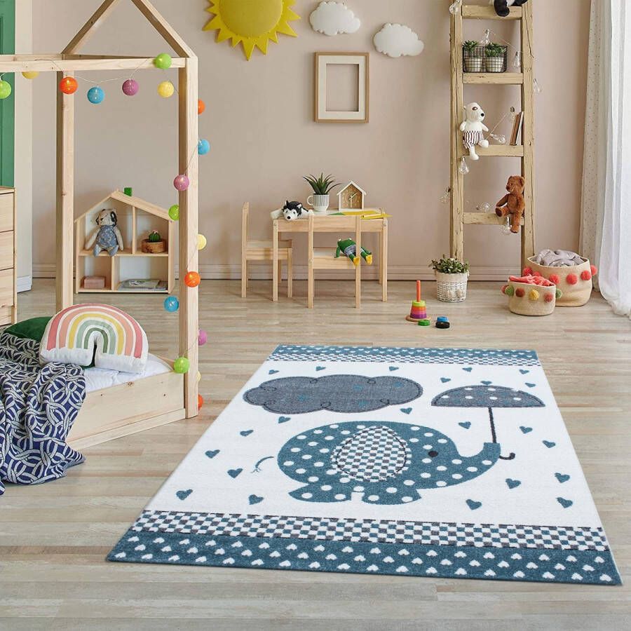 Flycarpets Kids Vloerkleed Kinderkamer Blauw Olifant Speelkleed Speelmat Laagpolig 80x150 cm