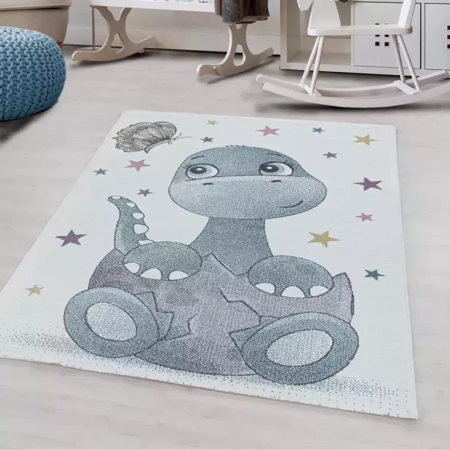 Flycarpets Kids Vloerkleed Kinderkamer Dino Blauw Laagpolig Speelkleed Voor Jongen en Meisje 120x170 cm