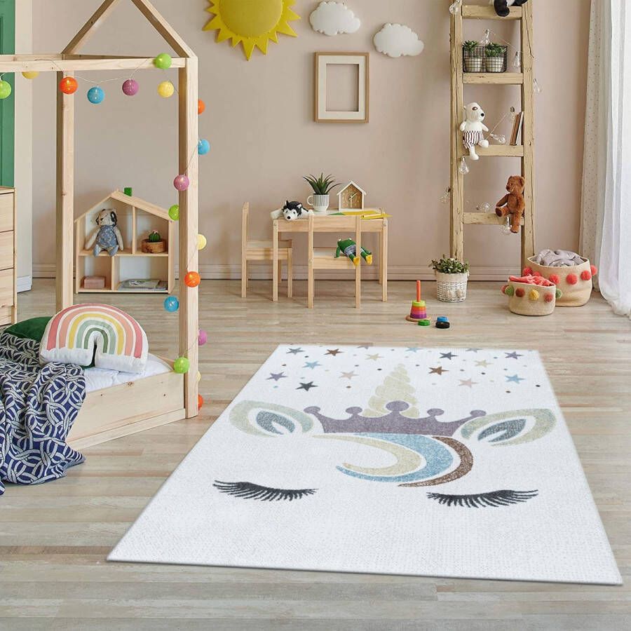 flycarpets Kids Vloerkleed Kinderkamer Eenhoorn Speelkleed Speelmat Laagpolig Crème Multi 200x290 cm