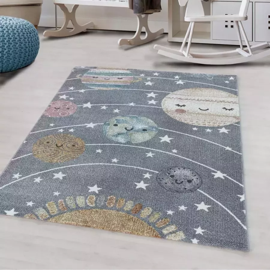 Flycarpets Kids Vloerkleed Kinderkamer Grijs Multi Speelkleed Planeten 120x170 cm - Foto 1