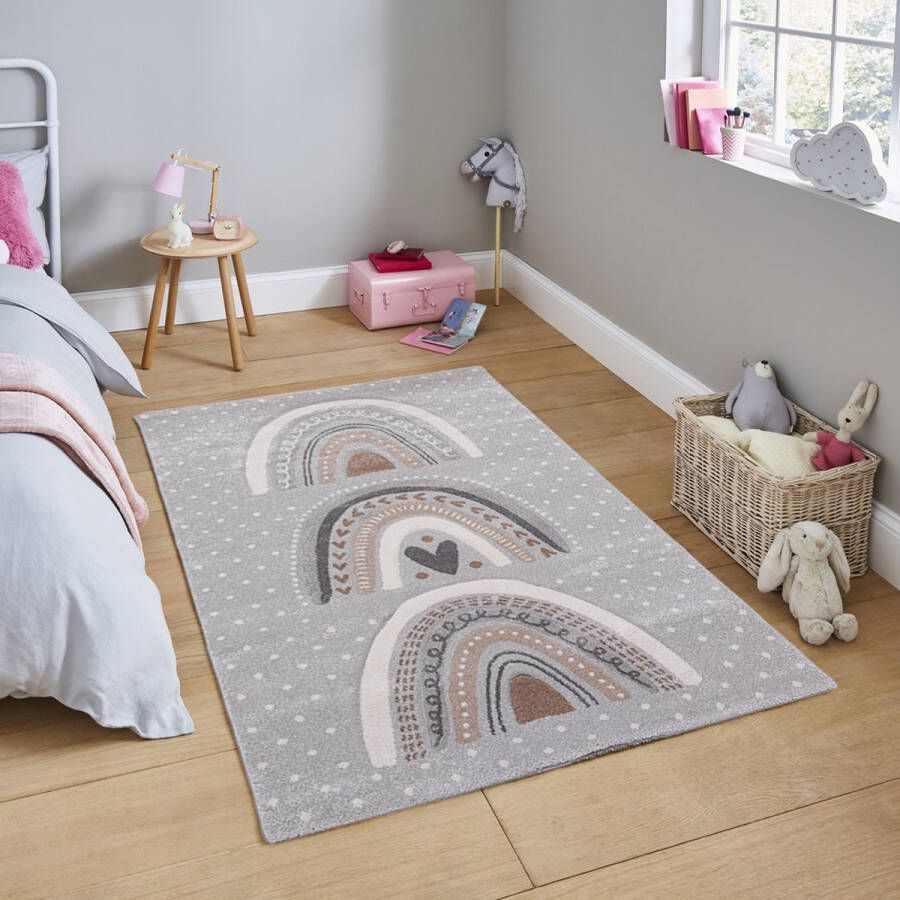 Flycarpets Kids Vloerkleed Kinderkamer Grijs Regenboog Speelkleed 160x230 cm