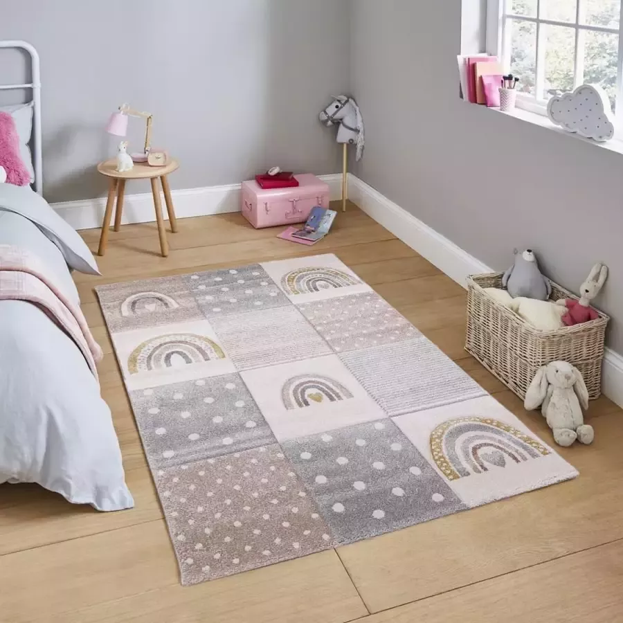 Flycarpets Kids Vloerkleed Kinderkamer Regenboog Beige 120x170 cm