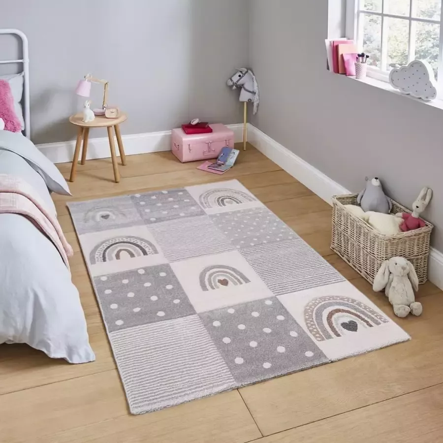 Flycarpets Kids Vloerkleed Kinderkamer Regenboog Grijs 120x170 cm