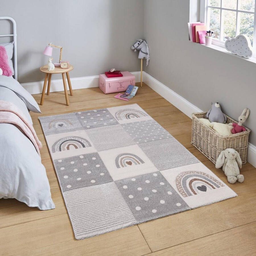 Flycarpets Kids Vloerkleed Kinderkamer Regenboog Grijs 80x150 cm