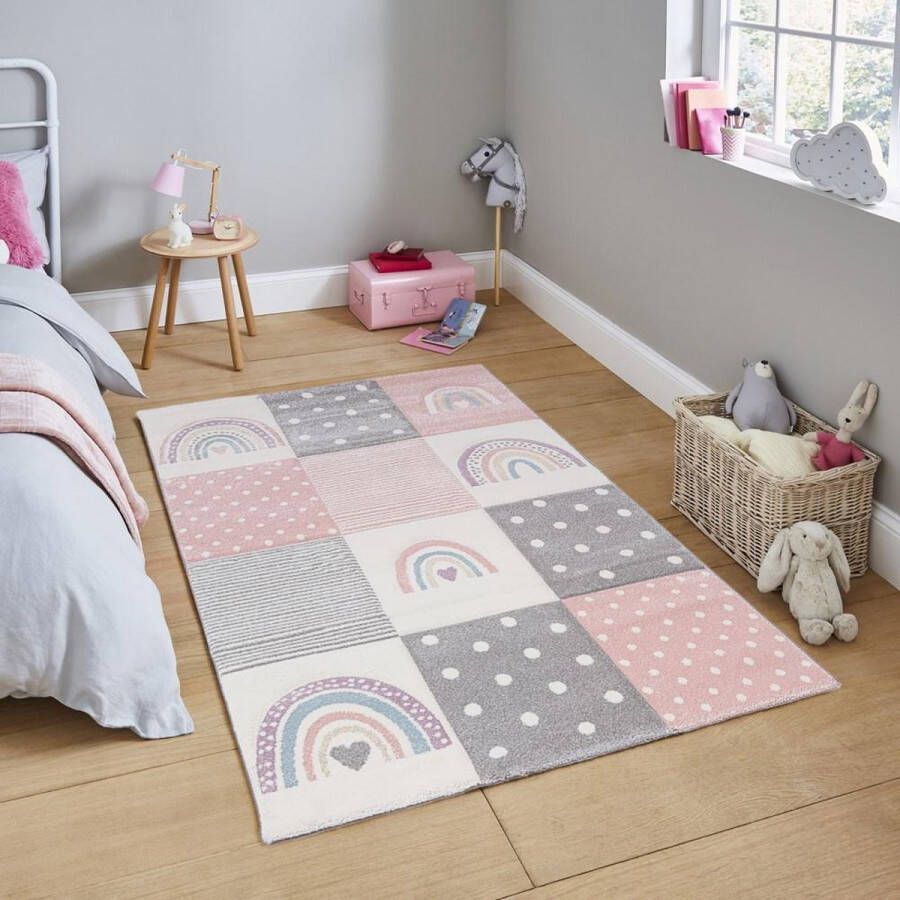 flycarpets Kids Vloerkleed Kinderkamer Regenboog Roze 120x170 cm