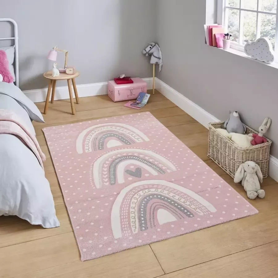 Flycarpets Kids Vloerkleed Kinderkamer Roze Regenboog Speelkleed 120x170 cm