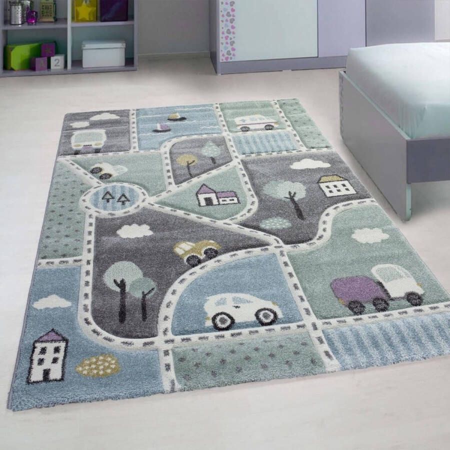 flycarpets Kids Vloerkleed Kinderkamer Stad Speelkleed Pastel Multi Kleuren 120x170 cm