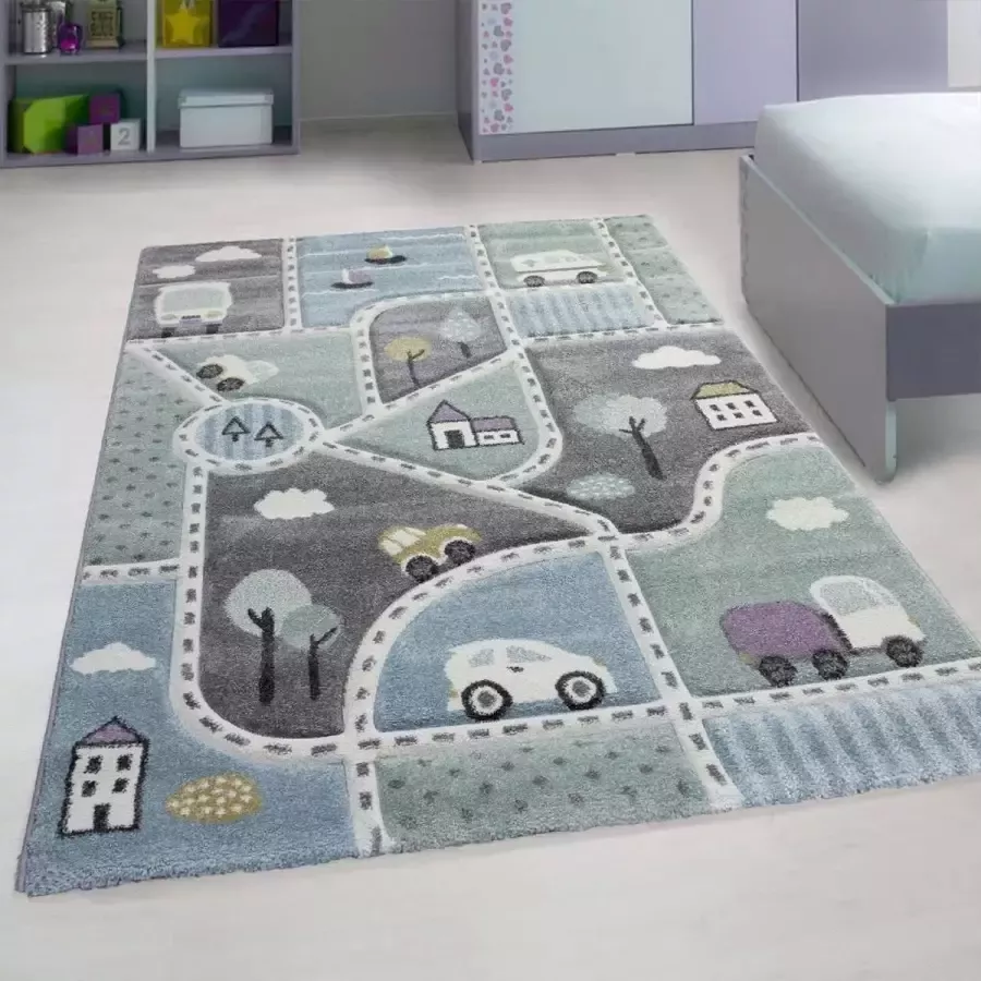 Flycarpets Kids Vloerkleed Kinderkamer Stad Speelkleed Pastel Multi Kleuren 120x170 cm