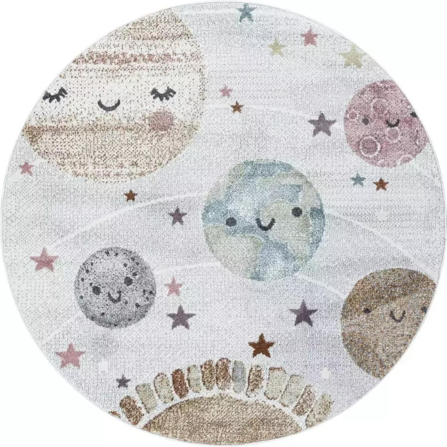 Flycarpets Kids Vloerkleed Kinderkamer Wit Multi Rond Speelkleed Planeten 160x160 cm