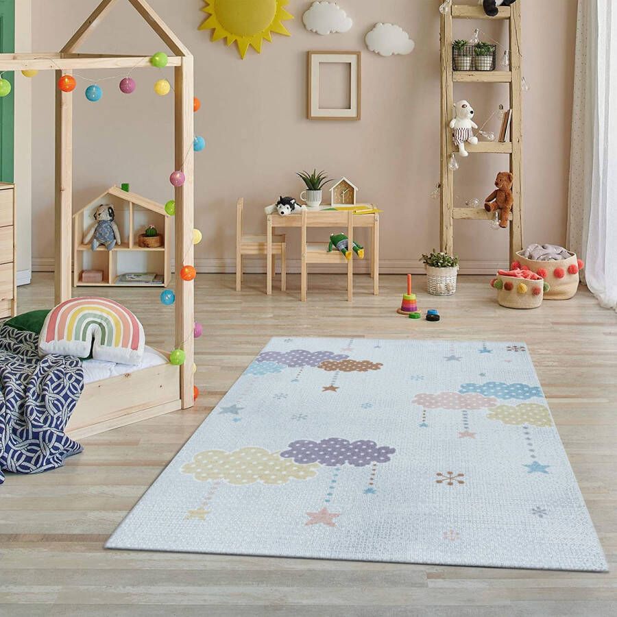 Flycarpets Kids Vloerkleed Kinderkamer Wolken Speelkleed Speelmat Laagpolig Crème Multi 160x230 cm