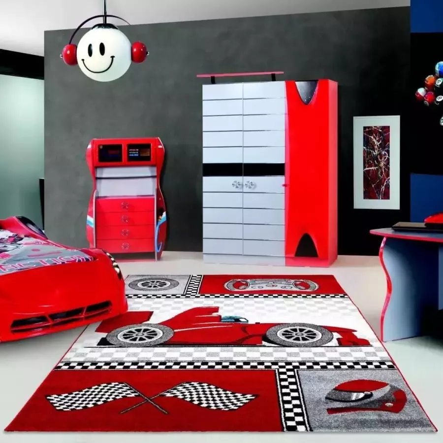 flycarpets Kids vloerkleed Rood 120 X 170 CM Kinderkamer Raceauto f1