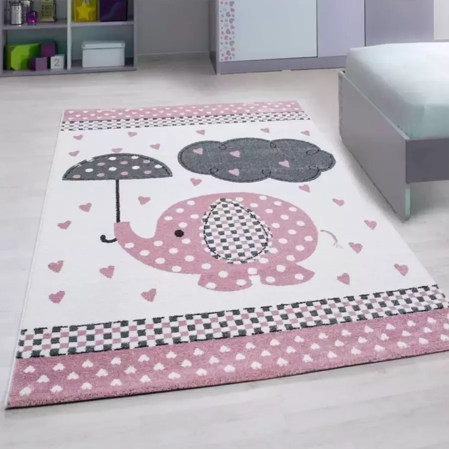 Flycarpets Kids vloerkleed Roze 80 X 150 CM Kinderkamer Olifant