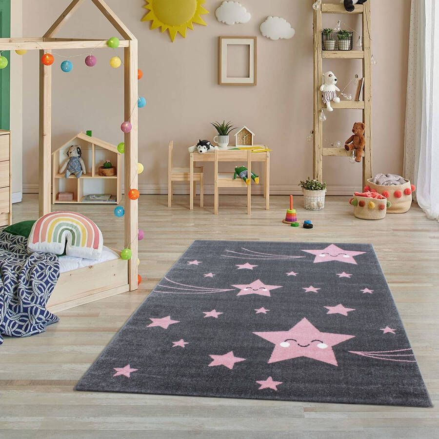 Flycarpets Kids vloerkleed Roze Kinderkamer Sterretjes 80x150 cm