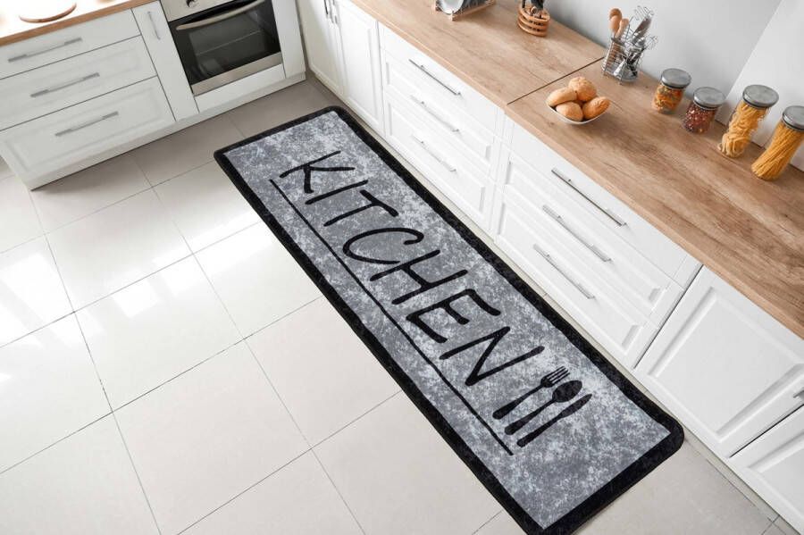 Flycarpets Kitchen Wasbaar Keukenloper Keukenmat Grijs Zwart Keuken Tapijt 60x180 cm