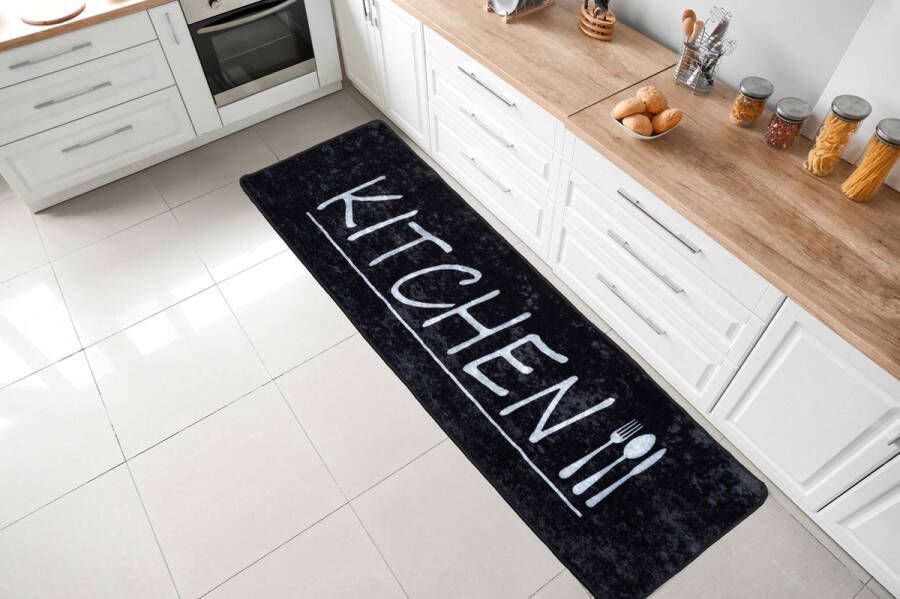 Flycarpets Kitchen Wasbaar Keukenloper Keukenmat Zwart Keuken Tapijt 60x180 cm