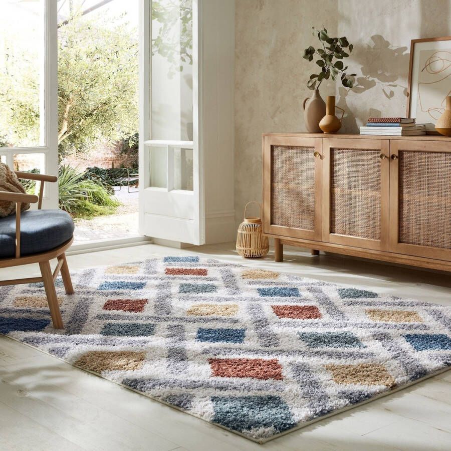 Flycarpets Kleurrijk Vloerkleed Sketch Hoogpolig Geruit Multi 160x230 cm