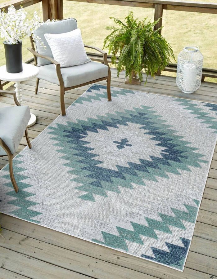 Flycarpets Lilah Blauw Grijs Groen Buitenkleed Binnen & Buiten Vloerkleed Laagpolig Tuintapijt Buitentapijt 240x340 cm - Foto 4