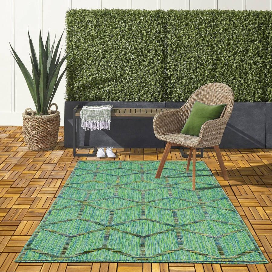 Flycarpets Lilah Buitenkleed Groen Binnen & Buiten Vloerkleed Laagpolig Tuintapijt Buitentapijt 140x200 cm