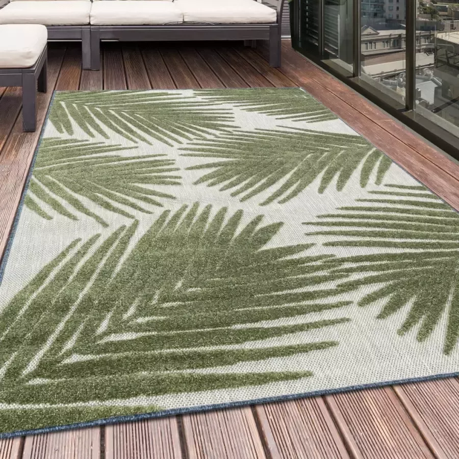 Flycarpets Lilah Buitenkleed Bladeren Groen Binnen & Buiten Vloerkleed Laagpolig Tuintapijt Buitentapijt 80x250 cm