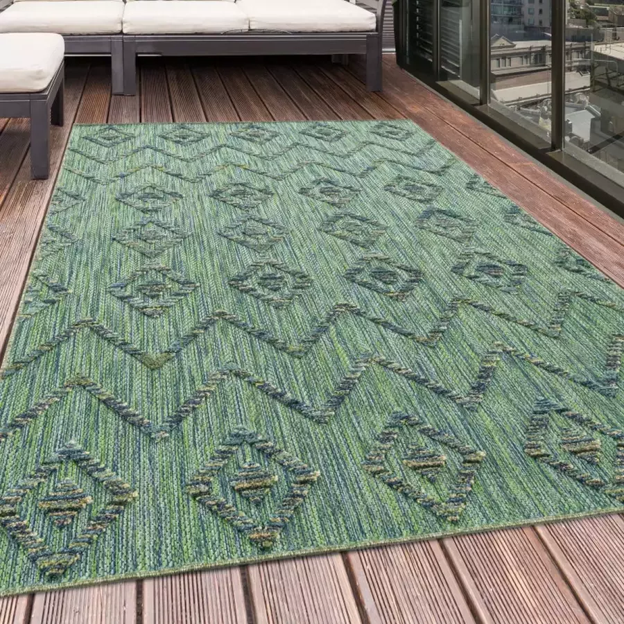 Flycarpets Lilah Geruit Buitenkleed Groen Binnen & Buiten Vloerkleed Laagpolig Tuintapijt Buitentapijt 140x200 cm