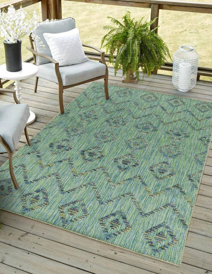 Flycarpets Lilah Geruit Buitenkleed Groen Binnen & Buiten Vloerkleed Laagpolig Tuintapijt Buitentapijt 80x150 cm - Foto 1